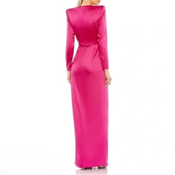 Mac Duggal Magenta Long Sleeve Ruched Waist High Slit Satin A-Line Gown Size 4 - Picture 3 of 5